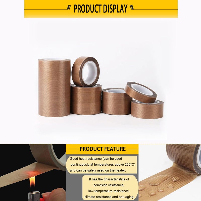 YongXuan PTFE Coated Fabric Tape Teflon Adhesive Tape High Temperature Vacuum, Hand and Impulse Sealers Machine Sealing Tape 0.18mm Thick (50mm-5M) - Image 4